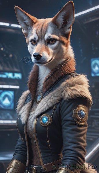 1girl,solo,looking at viewer,long sleeves,animal ears,brown eyes,jewelry,jacket,tail,upper body,open clothes,belt,artist name,necklace,blurry,black jacket,fur trim,no humans,blurry background,animal,brooch,gem,furry,pendant,fur collar,furry female,body fur,leather,animal focus,white fur,animal nose,orange fur,breasts,medium breasts,closed mouth,realistic,badge