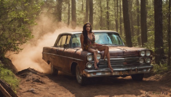 1girl,solo,long hair,breasts,looking at viewer,large breasts,black hair,dress,cleavage,bare shoulders,medium breasts,sitting,outdoors,barefoot,dark skin,dark-skinned female,tree,lips,legs,bare legs,ground vehicle,nature,motor vehicle,forest,realistic,car,road,vehicle focus,sports car,on vehicle,brown hair,japanese clothes,open clothes,day,kimono,feet,makeup,short dress,floral print,grass,tiara,lipstick,scenery,smoke,short kimono,wide shot