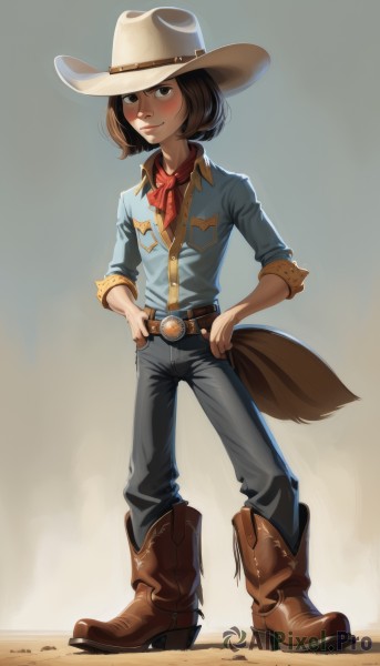 1girl,solo,looking at viewer,blush,smile,short hair,brown hair,shirt,hat,animal ears,brown eyes,closed mouth,standing,tail,full body,boots,collared shirt,belt,pants,signature,lips,neckerchief,fox tail,brown footwear,bob cut,blue shirt,denim,buckle,horse tail,sleeves rolled up,freckles,legs apart,hands on hips,jeans,belt buckle,blue pants,brown belt,grey pants,cowboy hat,cowboy western,cowboy boots,red neckerchief,bandana,leather,sleeves pushed up,desert,kerchief