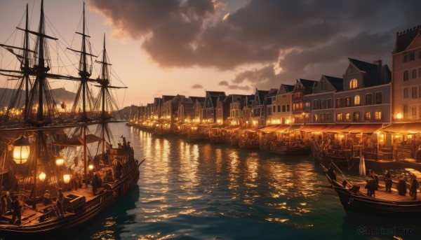 outdoors,multiple boys,sky,cloud,water,no humans,ocean,cloudy sky,building,scenery,reflection,sunset,lantern,city,horizon,cityscape,watercraft,bridge,river,ship,boat,lights,people,pier,dock,window,6+boys,fantasy,railing,silhouette,flag,house,multiple others,lamppost,town,6+others