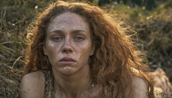 1girl,solo,long hair,looking at viewer,blonde hair,brown hair,bare shoulders,jewelry,green eyes,upper body,outdoors,parted lips,signature,necklace,blurry,lips,wet,blurry background,wavy hair,sunlight,messy hair,portrait,nature,freckles,realistic,nose,dirty,tribal,depth of field,grass,looking up,dirty face,dirty feet