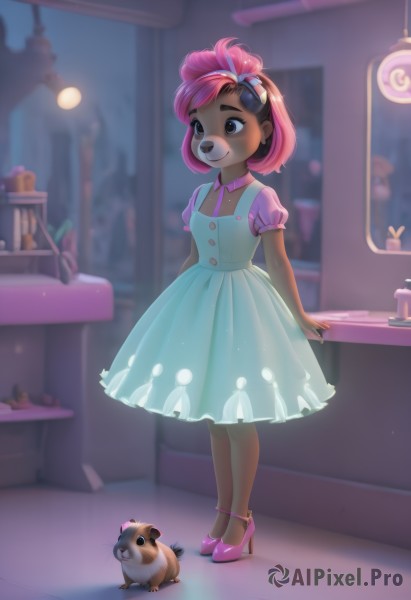 1girl,solo,smile,short hair,bangs,hair ornament,dress,brown eyes,jewelry,standing,full body,pink hair,short sleeves,multicolored hair,hairband,earrings,necktie,shoes,puffy sleeves,artist name,indoors,signature,dark skin,mole,blurry,black eyes,high heels,flat chest,two-tone hair,dark-skinned female,puffy short sleeves,see-through,window,makeup,night,buttons,blurry background,animal,table,thick eyebrows,goggles,child,pink dress,eyeshadow,goggles on head,arms at sides,pink footwear,female child,stud earrings,lamp,pink hairband,pink necktie,bubble blowing,chewing gum,humanization,hamster,breasts,blush,animal ears,small breasts,lips,blue dress,aged down,furry,dog,furry female,shop,tanuki