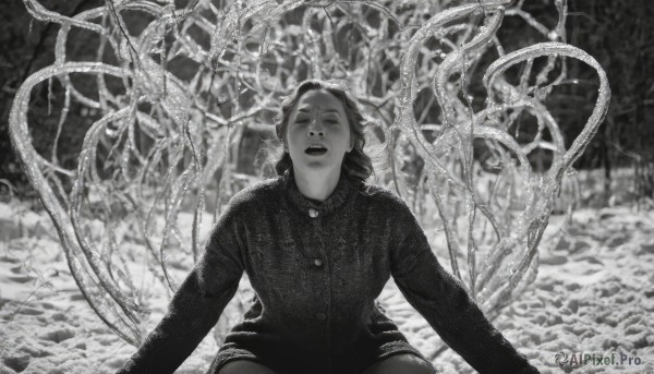 1girl,solo,open mouth,shirt,long sleeves,monochrome,closed eyes,greyscale,outdoors,shorts,teeth,blurry,tree,buttons,from below,all fours,facing viewer,photo background,looking at viewer,short hair,jewelry,sitting,nature,tentacles,forest,realistic,horror (theme)