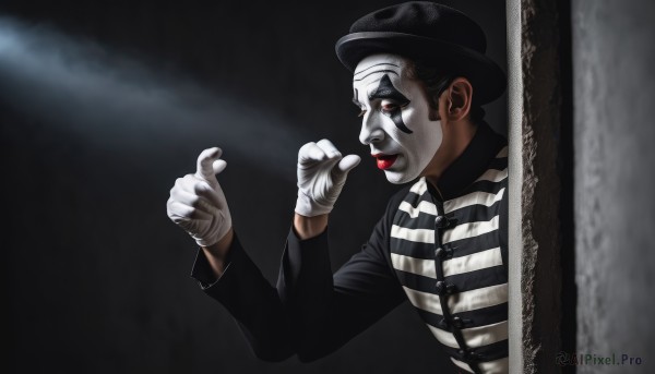 solo,shirt,black hair,red eyes,gloves,long sleeves,1boy,hat,upper body,male focus,striped,white gloves,black headwear,makeup,parody,lipstick,striped shirt,red lips,facepaint,clown,bowler hat,facial hair,pale skin,realistic,mustache,skeleton