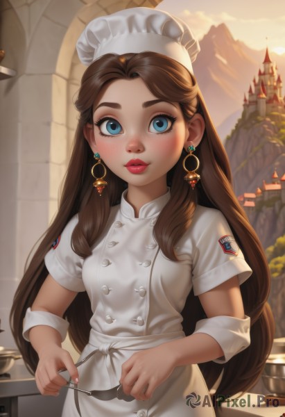 1girl,solo,long hair,breasts,looking at viewer,blush,smile,blue eyes,brown hair,hat,holding,jewelry,very long hair,closed mouth,upper body,short sleeves,earrings,small breasts,outdoors,sky,indoors,apron,lips,eyelashes,makeup,buttons,white headwear,knife,building,forehead,freckles,mountain,glint,spoon,fork,red lips,double-breasted,holding knife,holding fork,chef hat,chef,bangs,dress,wrist cuffs,thick eyebrows,lipstick,nose,cooking,castle,ladle,kitchen,holding ladle