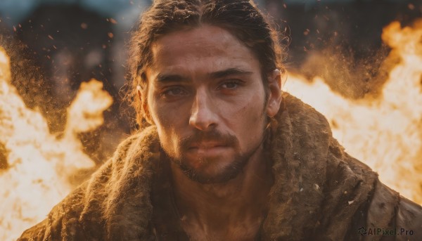 The timeless beauty of a male in a tranquil fiery dynamic scene