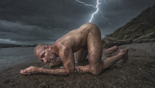 solo,open mouth,1boy,full body,male focus,nude,outdoors,multiple boys,sky,barefoot,cloud,from side,wet,completely nude,facial hair,parody,cloudy sky,all fours,rain,realistic,bald,old,dirty,old man,lightning,leg hair,arm hair,dirty feet,water,muscular,night,ocean,beach,beard,meme,top-down bottom-up,what,fine art parody