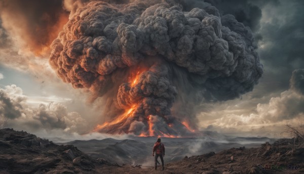 1boy, outdoors, sky, cloud, cloudy sky, fire, scenery, mountain