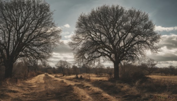 outdoors,sky,day,cloud,tree,blue sky,no humans,sunlight,cloudy sky,grass,nature,scenery,forest,road,bare tree,landscape,path,field