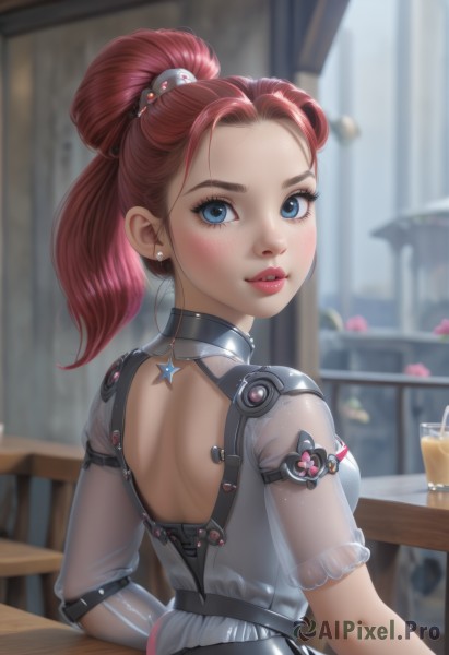 1girl,solo,long hair,breasts,looking at viewer,blush,smile,blue eyes,hair ornament,dress,jewelry,upper body,ponytail,short sleeves,red hair,earrings,parted lips,teeth,belt,looking back,indoors,from behind,star (symbol),blurry,bracelet,cup,lips,see-through,clothing cutout,eyelashes,makeup,depth of field,blurry background,back,table,high ponytail,drinking glass,freckles,drinking straw,backless outfit,nose,drink,stud earrings,hair pulled back,see-through sleeves,back cutout,see-through dress,bangs,brown hair,medium breasts,sitting,artist name,science fiction,pink lips,shoulder blades,cyborg