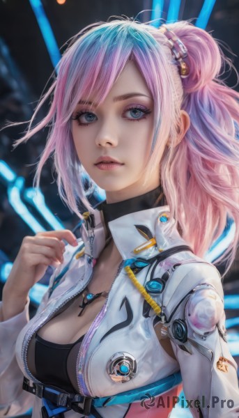 1girl,solo,long hair,breasts,looking at viewer,bangs,blue eyes,hair ornament,long sleeves,cleavage,jewelry,medium breasts,jacket,upper body,ponytail,pink hair,multicolored hair,parted lips,open clothes,choker,artist name,hand up,necklace,blurry,two-tone hair,lips,eyelashes,makeup,blurry background,swept bangs,white jacket,zipper,science fiction,high collar,realistic,nose,zipper pull tab,blue hair,earrings,open jacket,fingernails,bodysuit,eyeshadow,emblem,unzipped,eyeliner,mascara