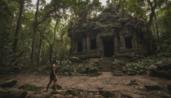 1girl,solo,brown hair,black hair,1boy,standing,male focus,boots,outdoors,shorts,barefoot,day,tree,sunlight,grass,plant,nature,scenery,forest,rock,ruins,wide shot,dirty,moss,overgrown,long hair