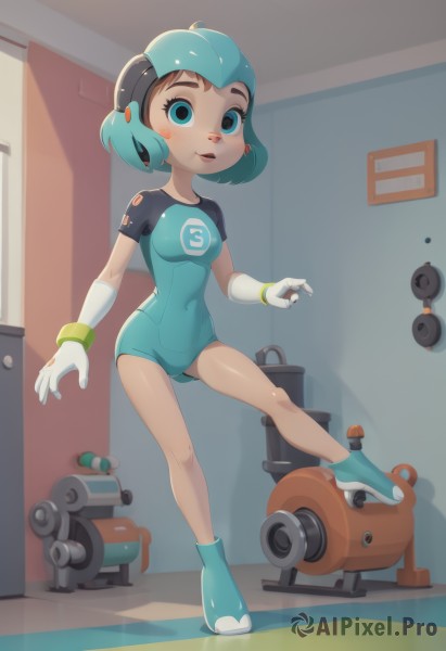 1girl,solo,breasts,looking at viewer,blush,smile,short hair,open mouth,blue eyes,gloves,blue hair,standing,full body,short sleeves,small breasts,boots,parted lips,indoors,white gloves,aqua eyes,leotard,aqua hair,covered navel,shadow,standing on one leg,helmet,blue footwear,blue leotard,aqua footwear,jewelry,bodysuit,blush stickers,android,skates