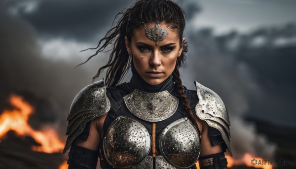 A female set against the backdrop of a captivating fiery dynamic scene