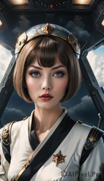 1girl,solo,looking at viewer,short hair,bangs,blue eyes,brown hair,upper body,parted lips,sky,day,artist name,cloud,signature,lips,eyelashes,makeup,bob cut,cloudy sky,lipstick,science fiction,realistic,nose,red lips,cockpit,jewelry,earrings,japanese clothes,headgear,portrait,mascara