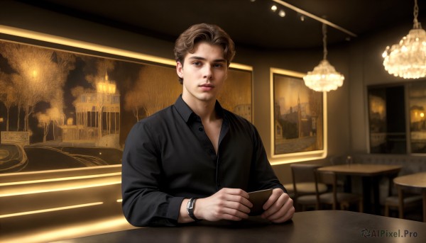 HQ,solo,looking at viewer,short hair,brown hair,shirt,long sleeves,1boy,holding,brown eyes,closed mouth,upper body,male focus,collared shirt,indoors,lips,black shirt,dress shirt,facial hair,chair,phone,table,cellphone,watch,realistic,wristwatch,photo background,bar (place),restaurant,blue eyes,sitting,parted lips,blurry,cup,depth of field,blurry background,parody,smartphone,holding phone,lamp,cafe