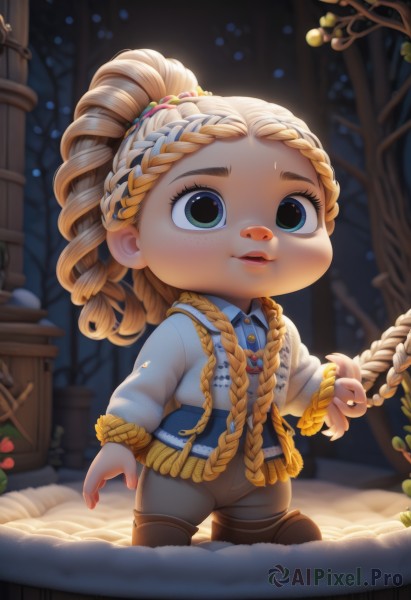 1girl,solo,long hair,open mouth,blue eyes,blonde hair,shirt,long sleeves,jewelry,green eyes,ponytail,braid,boots,outdoors,parted lips,pants,necklace,blurry,tree,night,blurry background,brown footwear,blue shirt,child,snow,freckles,female child,winter,multiple braids,looking at viewer,jacket,full body,chibi,aged down,rope,crown braid