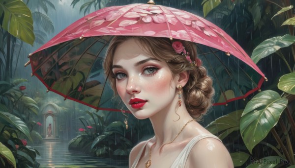 1girl,solo,looking at viewer,blush,short hair,brown hair,hair ornament,bare shoulders,jewelry,collarbone,upper body,flower,earrings,outdoors,parted lips,teeth,sleeveless,artist name,hair flower,water,necklace,hair bun,lips,wet,grey eyes,eyelashes,makeup,leaf,umbrella,single hair bun,plant,lipstick,portrait,pink flower,eyeshadow,freckles,rain,holding umbrella,realistic,nose,red lips,ripples,mascara,red umbrella,blue eyes,braid,water drop,eyeliner