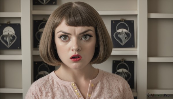 1girl,solo,looking at viewer,short hair,bangs,brown hair,shirt,brown eyes,upper body,parted lips,teeth,indoors,sweater,lips,eyelashes,makeup,buttons,bob cut,portrait,freckles,realistic,nose,red lips,straight-on,jewelry,earrings,lipstick,wide-eyed