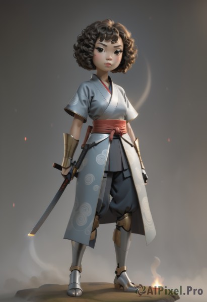 1girl,solo,looking at viewer,short hair,simple background,brown hair,black hair,holding,brown eyes,closed mouth,standing,full body,weapon,short sleeves,boots,japanese clothes,pants,sword,kimono,holding weapon,armor,black eyes,lips,sash,holding sword,katana,fire,sheath,smoke,curly hair,sheathed,vambraces,armored boots,japanese armor,scabbard,greaves,arm guards,samurai,afro,blush,gloves,fingerless gloves,white kimono