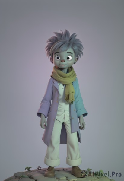 solo,looking at viewer,smile,simple background,black hair,1boy,standing,full body,male focus,shoes,pants,grey background,scarf,coat,colored skin,child,male child,green skin,yellow scarf,faux figurine,boots,artist name,watermark,web address,furry,furry male,grey skin,buck teeth