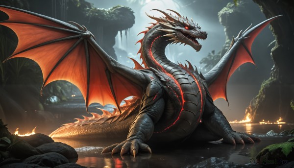 A monster set against the backdrop of a breathtaking fiery outdoors