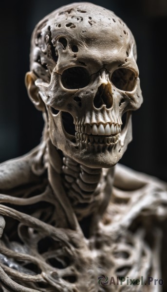 solo,looking at viewer,open mouth,simple background,1boy,monochrome,upper body,male focus,teeth,shiny,blurry,no humans,black background,portrait,1other,skull,realistic,bald,ribs,skeleton,bone,horror (theme)