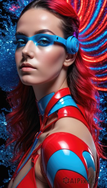 1girl,solo,long hair,breasts,looking at viewer,black hair,brown eyes,medium breasts,closed mouth,upper body,red hair,multicolored hair,from side,two-tone hair,lips,bodysuit,makeup,mask,lipstick,goggles,portrait,eyeshadow,realistic,nose,superhero,red bodysuit,domino mask,blue eyes,cleavage,shiny,forehead,science fiction