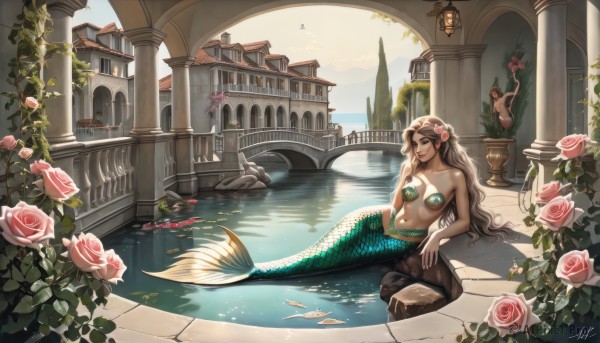 1girl,solo,long hair,breasts,looking at viewer,multiple girls,brown hair,hair ornament,navel,bare shoulders,jewelry,medium breasts,sitting,very long hair,collarbone,flower,outdoors,solo focus,artist name,signature,hair flower,water,lips,blood,rose,bird,arm support,plant,monster girl,building,scenery,pink flower,fish,fantasy,pasties,scales,watercraft,mermaid,architecture,head fins,pink rose,shell,pillar,castle,statue,boat,lily pad,arch,column,fountain,shell bikini,sky,day