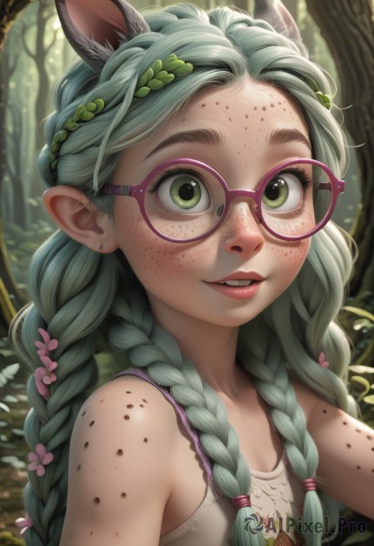 1girl,solo,long hair,breasts,looking at viewer,smile,hair ornament,animal ears,bare shoulders,jewelry,green eyes,collarbone,upper body,braid,flower,earrings,small breasts,outdoors,parted lips,green hair,glasses,teeth,pointy ears,artist name,hair flower,twin braids,tree,lips,eyelashes,makeup,leaf,nature,hair over shoulder,extra ears,forest,freckles,dress,sleeveless,blurry,flat chest,tank top,red-framed eyewear,dirty,pink-framed eyewear