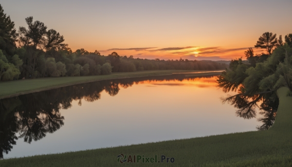 outdoors,sky,cloud,water,tree,no humans,sunlight,grass,plant,nature,scenery,forest,reflection,sunset,mountain,sun,horizon,river,landscape,lake,gradient sky,orange sky,evening