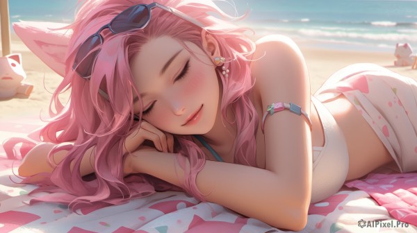 1girl,solo,long hair,breasts,blush,smile,animal ears,bare shoulders,jewelry,closed mouth,swimsuit,closed eyes,pink hair,bikini,earrings,outdoors,lying,day,water,lips,fox ears,ocean,umbrella,white bikini,beach,sunglasses,sleeping,on stomach,towel,facing viewer,eyewear on head,armlet,pink lips,sand,blanket,sarong