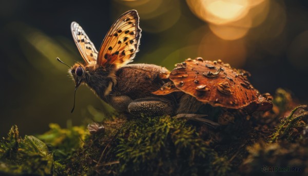 outdoors,wings,blurry,from side,tree,no humans,depth of field,blurry background,animal,leaf,sunlight,grass,bug,plant,nature,forest,realistic,antennae,animal focus,oversized animal,insect wings,solo,lying,artist name,lens flare