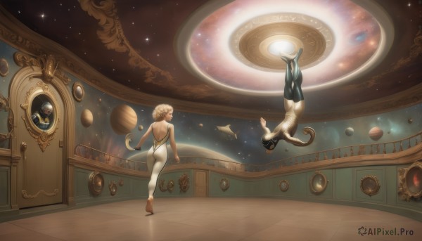 1girl,short hair,blonde hair,bare shoulders,jewelry,standing,ass,white hair,barefoot,pants,indoors,dark skin,hair bun,from behind,dark-skinned female,back,standing on one leg,star (sky),floating,reflection,backless outfit,white pants,space,dancing,planet,surreal,ballerina,breasts,multiple girls,brown hair,1boy,2girls,nude,bodysuit,soles,skin tight,upside-down,white bodysuit