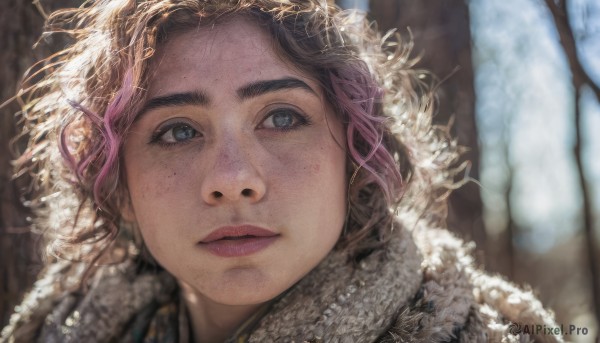 1girl,solo,short hair,blue eyes,brown hair,pink hair,multicolored hair,parted lips,hood,mole,blurry,lips,looking to the side,fur trim,eyelashes,blurry background,looking away,portrait,snow,close-up,freckles,realistic,nose,looking at viewer,outdoors,pointy ears,tree,depth of field,sunlight,nature,forest,looking afar,winter,bare tree