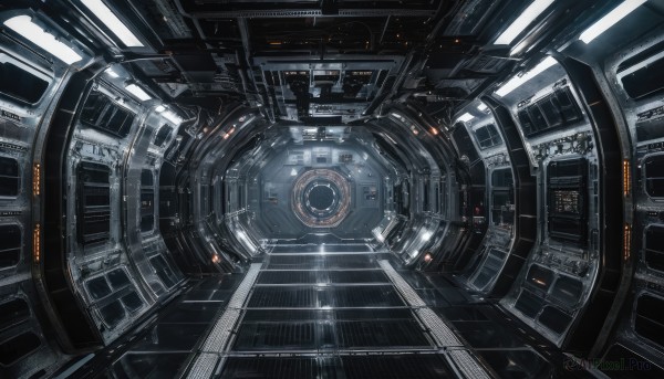 dutch angle,no humans,from above,scenery,machinery,science fiction,space,spacecraft,cockpit,indoors,glowing,robot,floating,realistic,light,machine