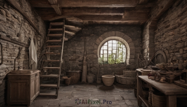 day,indoors,no humans,window,chair,table,sunlight,plant,box,scenery,wooden floor,stairs,door,basket,potted plant,wall,brick wall,shelf,arch,barrel,crate,wood,brick,cart,fantasy,candle,candlestand