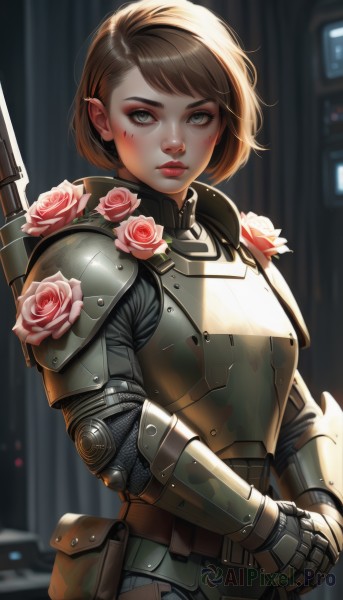 1girl,solo,looking at viewer,blush,short hair,bangs,brown hair,brown eyes,closed mouth,green eyes,upper body,weapon,flower,pointy ears,belt,artist name,armor,blurry,lips,makeup,blurry background,swept bangs,rose,bob cut,own hands together,lipstick,shoulder armor,gauntlets,pink flower,freckles,pauldrons,pouch,breastplate,nose,red lips,pink rose,belt pouch,knight,full armor,helmet removed,chainmail,plate armor,gun,facial mark,rifle,serious