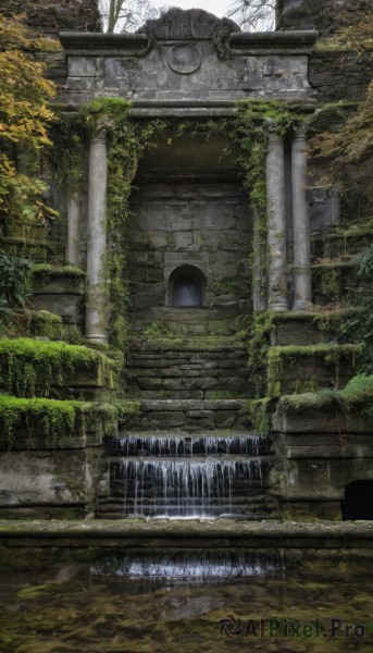 outdoors,day,water,tree,no humans,sunlight,plant,building,nature,scenery,stairs,ruins,vines,bridge,pillar,waterfall,arch,moss,overgrown,window,statue