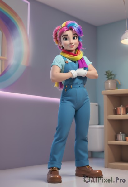 1girl,solo,long hair,looking at viewer,smile,shirt,gloves,jewelry,closed mouth,standing,full body,ponytail,pink hair,purple hair,short sleeves,multicolored hair,earrings,boots,shoes,artist name,indoors,white gloves,scarf,black eyes,two-tone hair,lips,streaked hair,makeup,watermark,brown footwear,crossed arms,plant,web address,personification,freckles,potted plant,overalls,blue overalls,rainbow hair,blue eyes,blue hair,neckerchief,flower pot