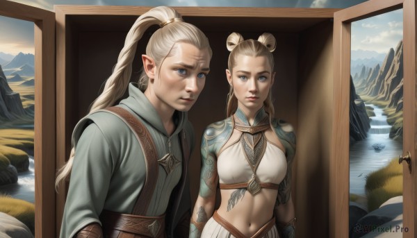 1girl,long hair,breasts,looking at viewer,blue eyes,multiple girls,blonde hair,1boy,navel,2girls,jewelry,medium breasts,upper body,ponytail,braid,day,pointy ears,midriff,water,hair bun,lips,double bun,siblings,scar,high ponytail,elf,reflection,mirror,mountain,nose,hair pulled back,lake,different reflection,closed mouth,outdoors,parted lips,hood,stomach,armor,tattoo,realistic