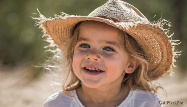 1girl,solo,looking at viewer,smile,open mouth,blue eyes,blonde hair,brown hair,shirt,hat,white shirt,:d,outdoors,teeth,blurry,depth of field,blurry background,child,portrait,sun hat,realistic,straw hat,female child,long hair,lips,upper teeth only