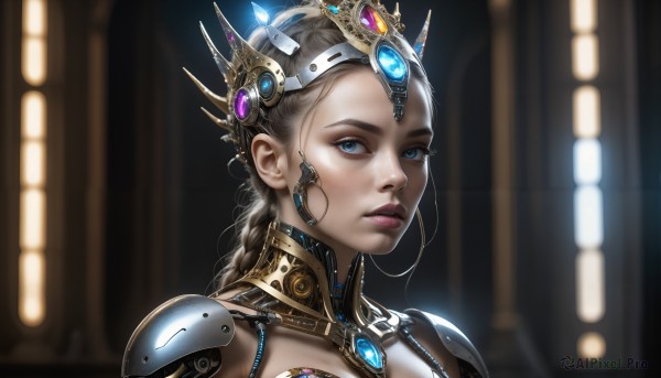 HQ,1girl,solo,long hair,looking at viewer,blue eyes,brown hair,closed mouth,braid,grey hair,blurry,lips,eyelashes,makeup,blurry background,headgear,crown,gem,portrait,science fiction,realistic,nose,cyborg,cyberpunk,jewelry,upper body,earrings,parted lips,armor,single braid