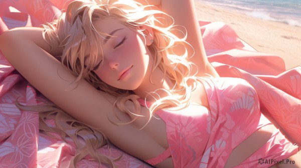 1girl,solo,long hair,breasts,smile,bangs,blonde hair,cleavage,jewelry,medium breasts,closed mouth,swimsuit,closed eyes,upper body,bikini,earrings,outdoors,lying,day,on back,armpits,water,arms up,lips,eyelashes,ocean,beach,floral print,sunlight,sleeping,arms behind head,pink lips,sand,pink bikini,stud earrings,sarong,piercing,ear piercing,arm behind head