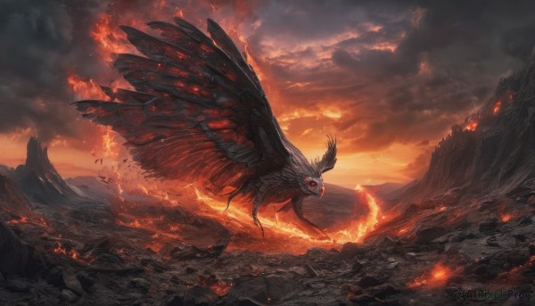 red eyes, outdoors, wings, sky, cloud, no humans, glowing, cloudy sky, fire, scenery, monster, molten rock