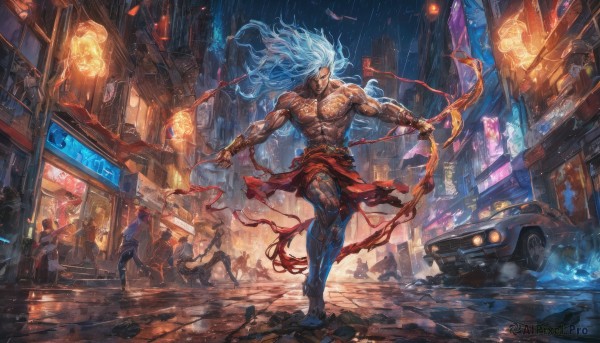 long hair,1boy,holding,jewelry,blue hair,weapon,white hair,male focus,outdoors,multiple boys,solo focus,pants,dark skin,bracelet,tattoo,muscular,night,glowing,abs,muscular male,ground vehicle,building,motor vehicle,walking,rain,6+boys,topless male,running,city,sign,car,road,arm tattoo,street,crowd,sky,barefoot,facial hair,eyepatch,dark-skinned male,fire,night sky,scenery,lantern,lamp,lamppost