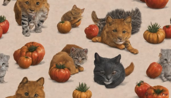 looking at viewer,simple background,closed mouth,lying,food,signature,black eyes,no humans,fruit,shadow,animal,cat,realistic,carrot,pumpkin,animal focus,food focus,tomato,vegetable,blue eyes,grey background,apple,tiger,hamster,grey fur,lettuce,onion