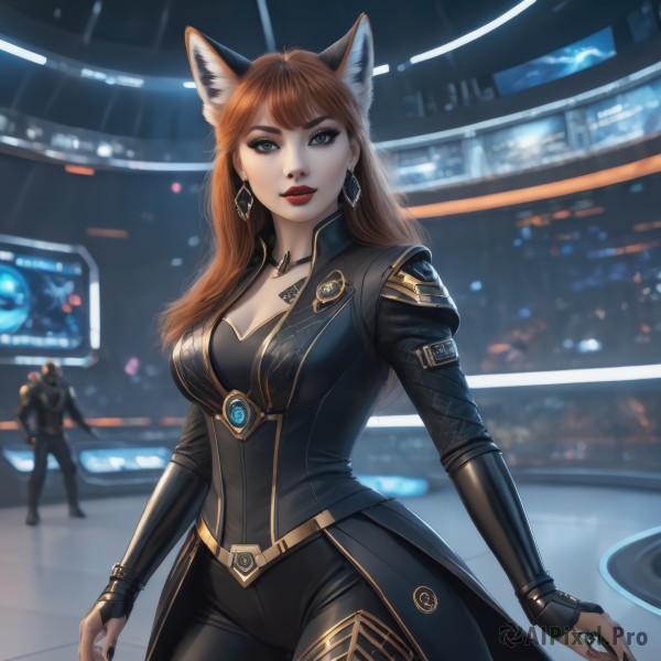 1girl,solo,long hair,breasts,looking at viewer,bangs,blue eyes,brown hair,long sleeves,animal ears,cleavage,jewelry,medium breasts,standing,cowboy shot,earrings,solo focus,choker,belt,pants,artist name,indoors,cat ears,nail polish,blurry,lips,animal ear fluff,fox ears,bodysuit,makeup,blurry background,black pants,ring,lipstick,black nails,eyeshadow,science fiction,realistic,nose,red lips,eyeliner,gloves,1boy,red hair,black gloves,fingerless gloves,necklace,orange hair,mole,fingernails,fox tail,fox girl,black bodysuit