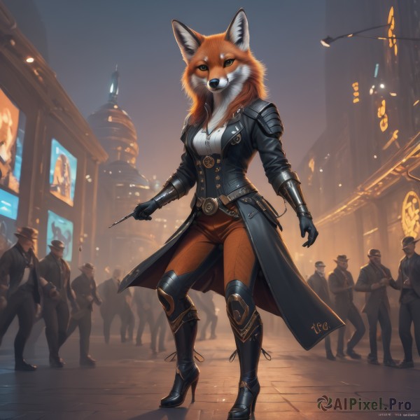 1girl,breasts,looking at viewer,shirt,gloves,long sleeves,hat,holding,animal ears,cleavage,medium breasts,green eyes,standing,jacket,tail,full body,white shirt,boots,outdoors,multiple boys,solo focus,black gloves,belt,pants,black footwear,armor,high heels,coat,black jacket,fox ears,night,knee boots,building,furry,high heel boots,6+boys,black coat,city,brown pants,red pants,police,trench coat,riding crop,orange pants,long hair,artist name,orange hair,walking,realistic,furry female,leather,street,crowd,people