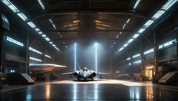 HQ,indoors,military,no humans,window,sunlight,scenery,reflection,science fiction,light rays,realistic,aircraft,airplane,light,vehicle focus,spacecraft,ceiling,hallway,lights,ceiling light,signature,night,robot,ground vehicle,building,mecha,motor vehicle,military vehicle,car